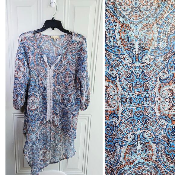 Democracy Sheer Lightweight Tunic Blouse Size Small Boho Gypsy Beachy Coastal - Picture 1 of 9
